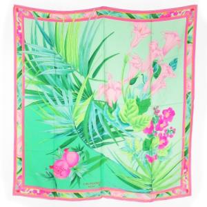 スカーフ 大判 スクエア ザクロ 百合 リーフ 花柄 緑 グリーン ネオンピンク /CK29 GY18