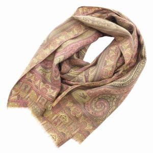 ストール マフラー ロゴ ペイズリー柄 総柄 シルク混 カーキ系 /GV GY18