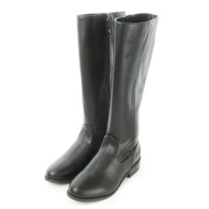 エコレザーロングブーツ ローヒール ラウンドトゥ レザー ワンポイント カメリアチャーム S 黒 ブラック