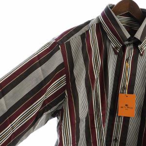 ETRO ステンカラーシャツ タグ付き ロゴ ストライプ 総柄 長袖 43 XXL 赤 レッド 茶 ブラウン GY18