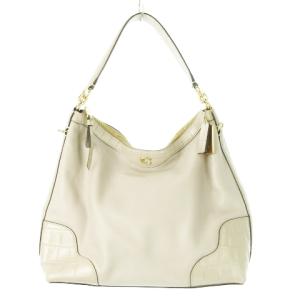 ハンドバッグ ワンハンドル 2way ショルダーバッグ レザー 革 シボ革 切替 クロコ型押し ロゴ ベージュ