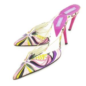 ピンヒールミュール ハイヒール ポインテッドトゥ サテン スエード チェーン プッチ柄 総柄 ロゴ 38