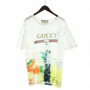 Tシャツ カットソー 半袖 オールドグッチロゴ シェリーライン 総柄 タイダイ ダメージ加工 白 ホワイト