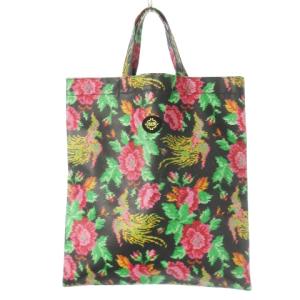 トートバッグ レザー 革 薄型 ロゴ シュニール織り柄プリント 牡丹 鳳凰 黒 ブラック /CK10 GY18