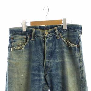 WAREHOUSE デニムパンツ ジーンズ ボタンフライ ロゴ ダメージ加工 33 青 ブルー GY18 /MQ