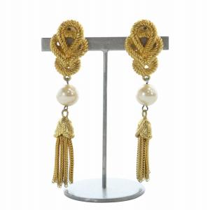 イヤリング アクセサリー 両耳用 クリップ式 ロゴ フェイクパール タッセル ゴールド色 GY11 /MQ
