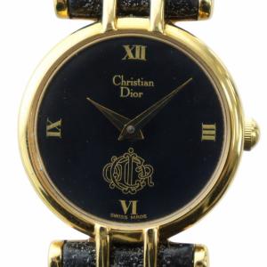 ジャンク品 腕時計 ウォッチ クォーツ ローマン 黒文字盤 ロゴ ラウンド レザーベルト ゴールド色 3038