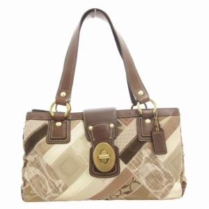 12524 シグネチャー ハンドバッグ 肩掛け ターンロック パッチワーク キャンバス レザー 茶 ブラウン