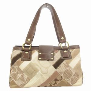 COACH 12524 シグネチャー ハンドバッグ 肩掛け ターンロック パッチワーク キャンバス レザー 茶 ブラウン