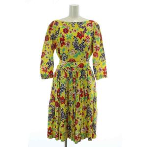 ヴィンテージ ワンピース リネン 麻100％ 七分袖 ひざ丈 ギャザー 花柄 総柄 オープンバック ベルト付き