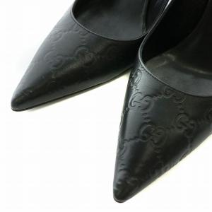 GUCCI ミュール パンプス レザー ポインテッドトゥ ピンヒール GG柄 ストラップ 36.5 23.5cm 黒