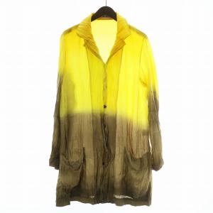 シャツ 絹 シルク 長袖 プリーツ加工 グラデーション XL 黄色 イエロー 茶色 ブラウン /XZ GY18