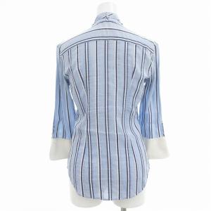 RALPH LAUREN シャツブラウス スタンドカラー ストライプ ボウタイ シルク混 0 XS 青 ブルー 紺 ネイビー 白