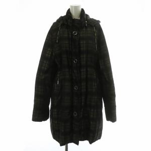 ダウンコート ロング アウター タータンチェック 総柄 フード ジップアップ L 茶 ブラウン SCB51D-93F