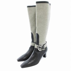 ロングブーツ シューズ 切替 ベルト ハイヒール 8 25.5?p グレージュ 黒 ブラック /AE