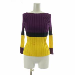 ニット セーター 長袖 プリーツ ボーダー柄 ラウンドネック 3 L 紫 パープル 黄色 イエロー /XZ