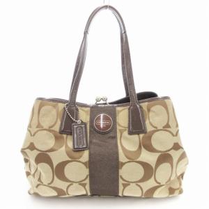 F13533 トートバッグ キャンバス レザー シグネチャー ロゴ ベージュ 茶 ブラウン GY18 /TZ