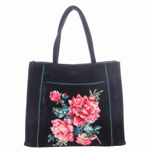ハンドバッグ トート 肩掛け シェニール織 花柄 ロゴ 紺 ネイビー /GV GY18