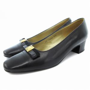 ローヒールパンプス シューズ チャンキーヒール ビジュー レザー 36.5 23.5?p 黒 ブラック