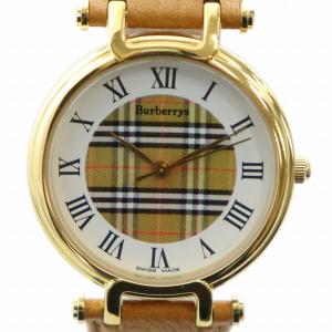 腕時計 クォーツ ローマン ノバチェック 白文字盤 ロゴ レザーベルト ゴールド色 112006G