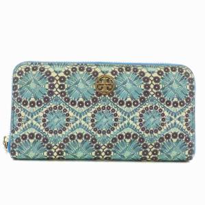 長財布 PVC レザー ラウンドファスナー 総柄 ロゴ ゴールド金具 青 ブルー 白 ホワイト /XZ