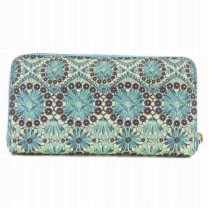 TORY BURCH 長財布 PVC レザー ラウンドファスナー 総柄 ロゴ ゴールド金具 青 ブルー 白 ホワイト /XZ