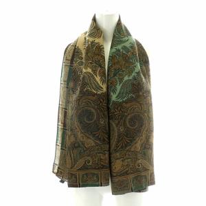 ストール ショール マフラー バンダナ ウール シルク混 ロゴ 総柄 茶 ブラウン 緑 グリーン ベージュ