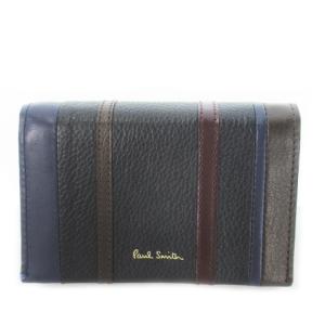 二つ折り財布 ウォレット コインケース 小銭入れあり レザー 革 切替 ストライプ ロゴ 黒 ブラック