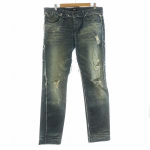 デニム ジーンズ タイト ストレート ストレッチ ダメージ加工 ペイント加工 33 L 青 ブルー /MW