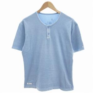 美品 Tシャツ 半袖 カットソー プリント ヘンリーネック 48 M 青 ブルー /OU GY18