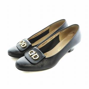 パンプス ガンチーニ ゴールド金具 レザー チャンキーヒール ロゴ 6 23.5cm 黒 ブラック 60525