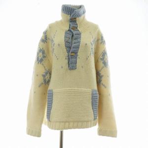 ニット セーター 長袖 ウール ハイネック プルオーバ トグルボタン L アイボリー 青 ブルー /XZ