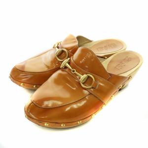 サンダル サボ パテントレザー ラウンドトゥ ウッド ホースビット ゴールド金具 7 24cm 茶色 ブラウン