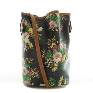 ショルダーバッグ 巾着 レザー オープントップ 花柄 総柄 内側チェック柄 黒 ブラック 茶色 ブラウン