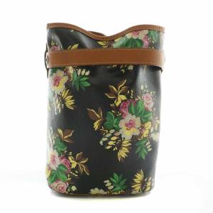 KENZO ショルダーバッグ 巾着 レザー オープントップ 花柄 総柄 内側チェック柄 黒 ブラック 茶色 ブラウン