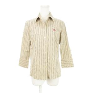 シャツ ブラウス スキッパー 七分袖 ストレッチ ロゴ刺繍 ストライプ 40 L ベージュ FEA24-011