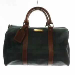 ミニ ボストンバッグ ハンド PVC レザー チェック柄 総柄 ロゴ 緑 グリーン 茶色 ブラウン /XZ