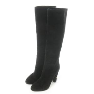 ロングブーツ ハイヒール アーモンドトゥ スエードレザー 革 ワンポイント ゴールド金具 37 24cm