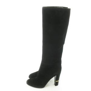 Sergio Rossi ロングブーツ ハイヒール アーモンドトゥ スエードレザー 革 ワンポイント ゴールド金具 37 24cm