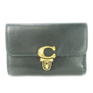 ストゥディオ 二つ折り財布 ウォレット 小銭入れあり レザー 革 プッシュロック開閉 ロゴ 緑 グリーン
