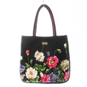 トートバッグ ハンドバッグ シュニール織り パイル 花柄 ロゴ ライン 黒 ブラック /CK18