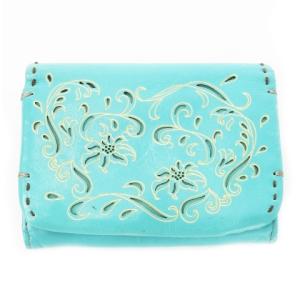 二つ折り財布 ウォレット 小銭入れあり レザー 革 透かし彫りカービング 花柄 緑 グリーン エメラルド