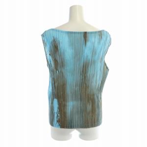 ISSEY MIYAKE カットソー ノースリーブ プリーツ 転写プリント L ブルー