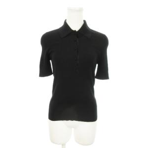 リブニットシャツ 五分袖 フロントハーフボタン ウール シルク 絹 S 黒 ブラック /MN18 GY18