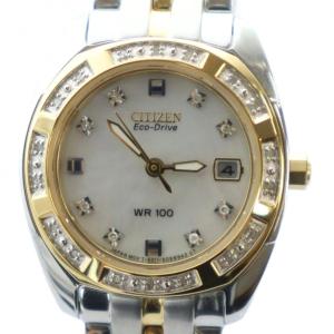 腕時計 ウォッチ エコドライブ ラインストーン カレンダー付き ロゴ シルバー色 E011-S066441