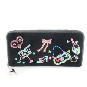 長財布 ロングウォレット 小銭入れあり ラウンドファスナー ベロア パイル ロゴ ビーズ スパンコール