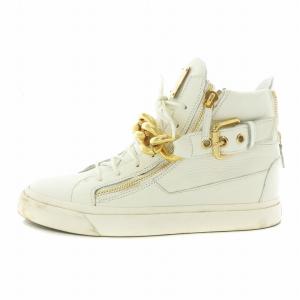 スニーカー レザー ハイカット サイドジップ チェーン ロゴ ゴールド金具 43 28cm 白 ホワイト