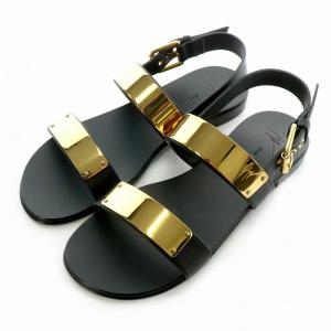 サンダル レザー メタルプレート 43 ブラック ゴールドカラー