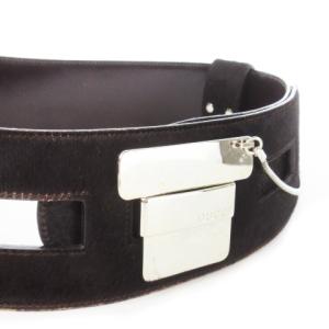 GUCCI ベルト サッシュ 幅太 レザー 革 ハラコ ロゴプレート 焦げ茶 ダークブラウン 037.0394.1106