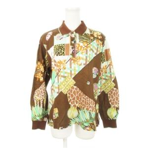 ポロシャツ 長袖 コットン キリン ジラフ アニマル サファリ 総柄 L 茶 ブラウン /AH14 GY11